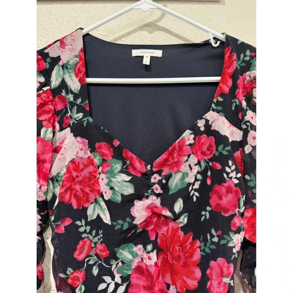 Dark Floral Mesh Ruched‎ Sweetheart Neck Top Fairy Grunge Whimsigoth Y2K Goth S